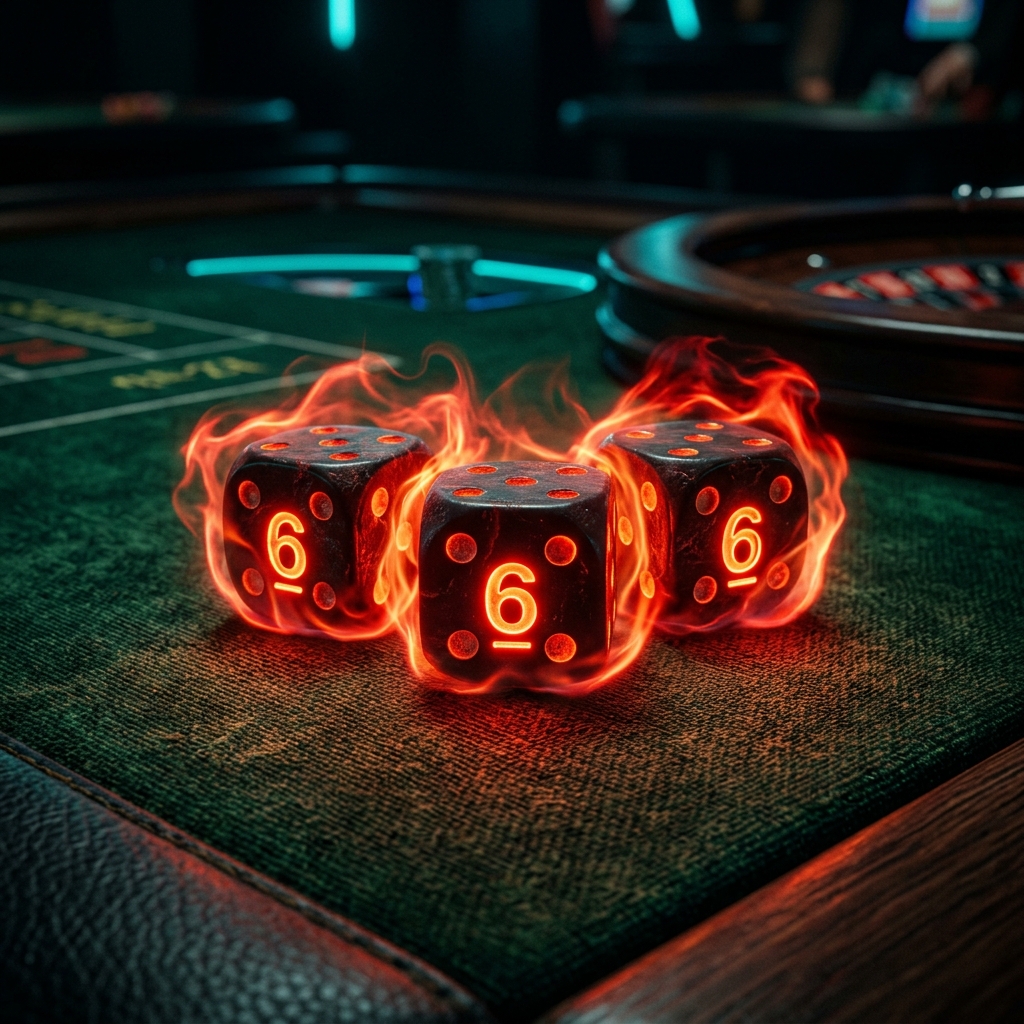 Cận cảnh 3 viên xí ngầu mặt số 6 phát sáng đỏ rực đại diện cho cái bẫy Triple trong cá cược