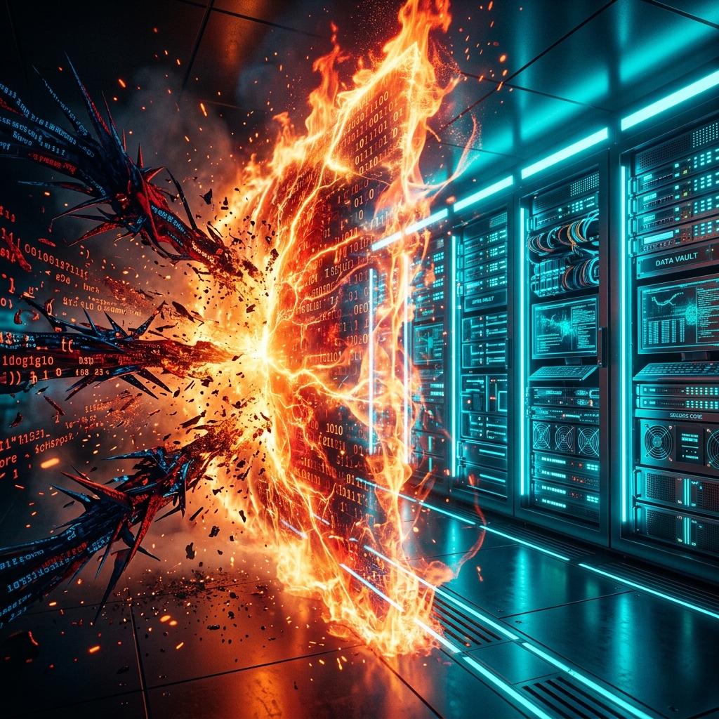 Siêu tường lửa Firewall neon đỏ rực thiêu rụi cuộc tấn công mạng hacker vào dữ liệu nhà cái mm88