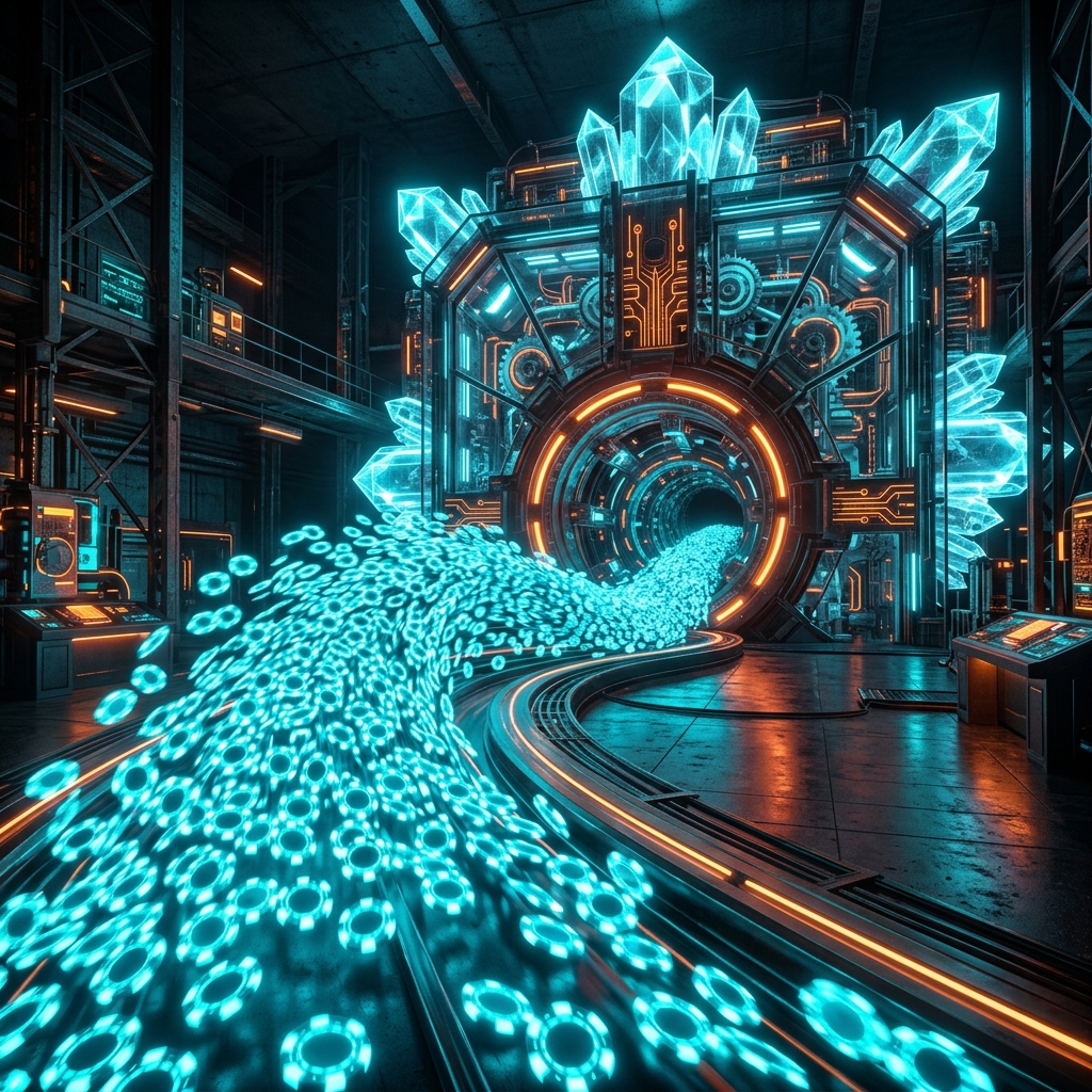 Hàng triệu chip casino màu cyan chảy ngược vào két sắt trung tâm đại diện cho hệ thống tự động hoàn trả cứu thua của mm88