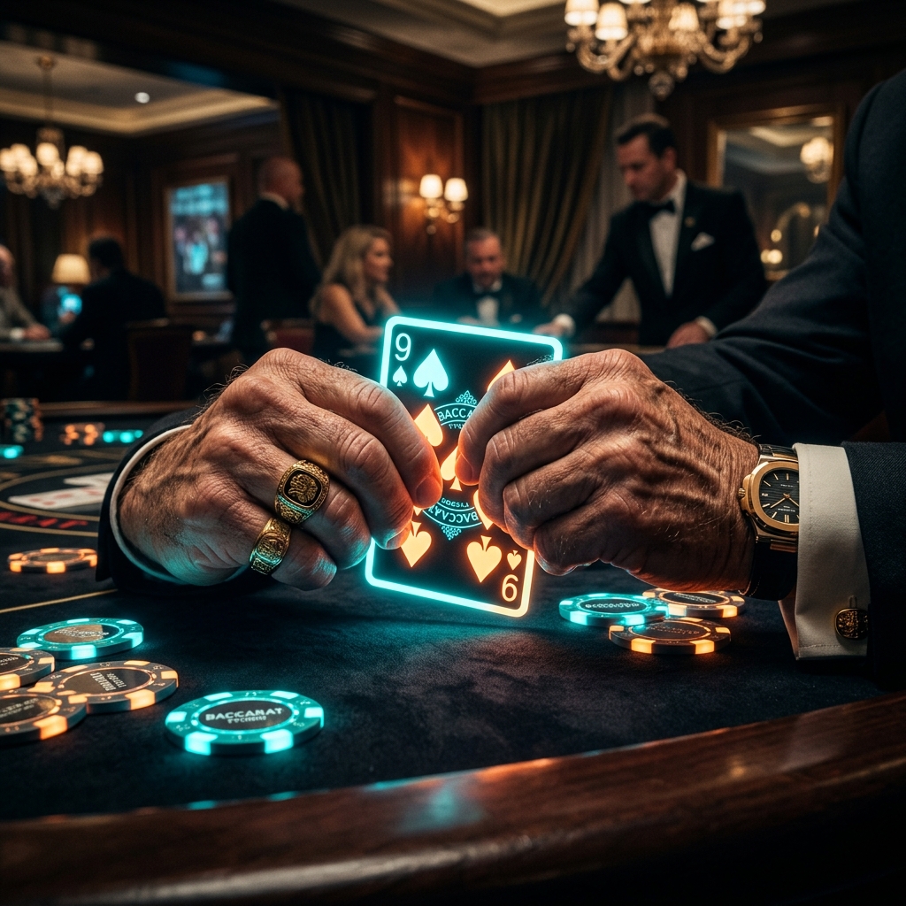 Tay bài thủ chuyên nghiệp đang nặn lá bài baccarat phát sáng rực rỡ tại sòng bạc mm88 với đống phỉnh chip khổng lồ