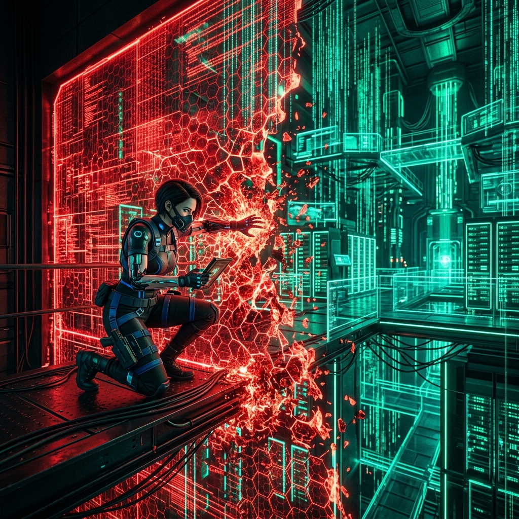 Hacker với hệ thống máy tính 8K chọc thủng màng lưới bảo mật tường lửa màu đỏ mở ra cổng không gian màu xanh của sới bạc MM88