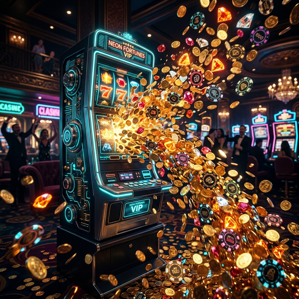 Màn hình báo Grand Jackpot đổ vỡ nhét đầy núi kim cương cam và dòng chip casino tuôn trào lấp lánh như dung nham