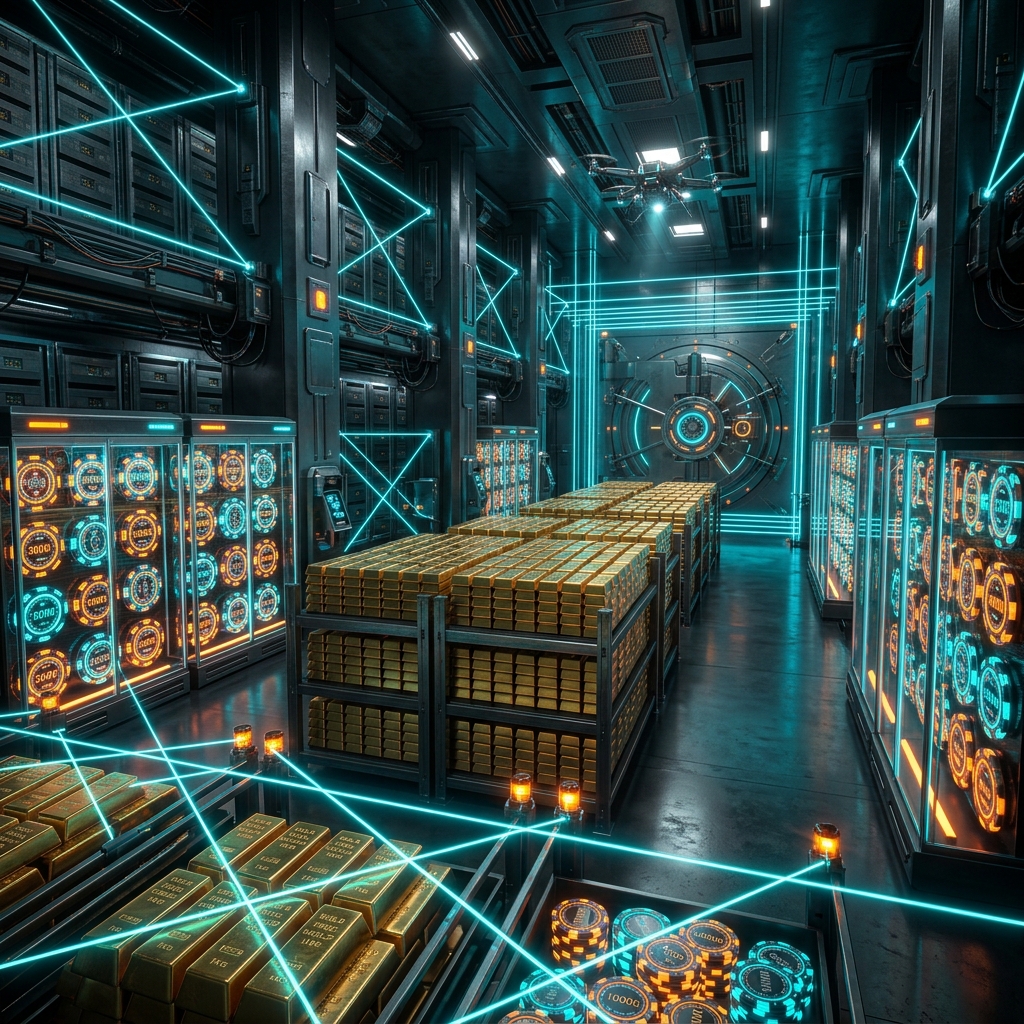 Khung cảnh két sắt ngân hàng tương lai bảo mật tiền tỷ tại sòng casino phát sáng neon MM88