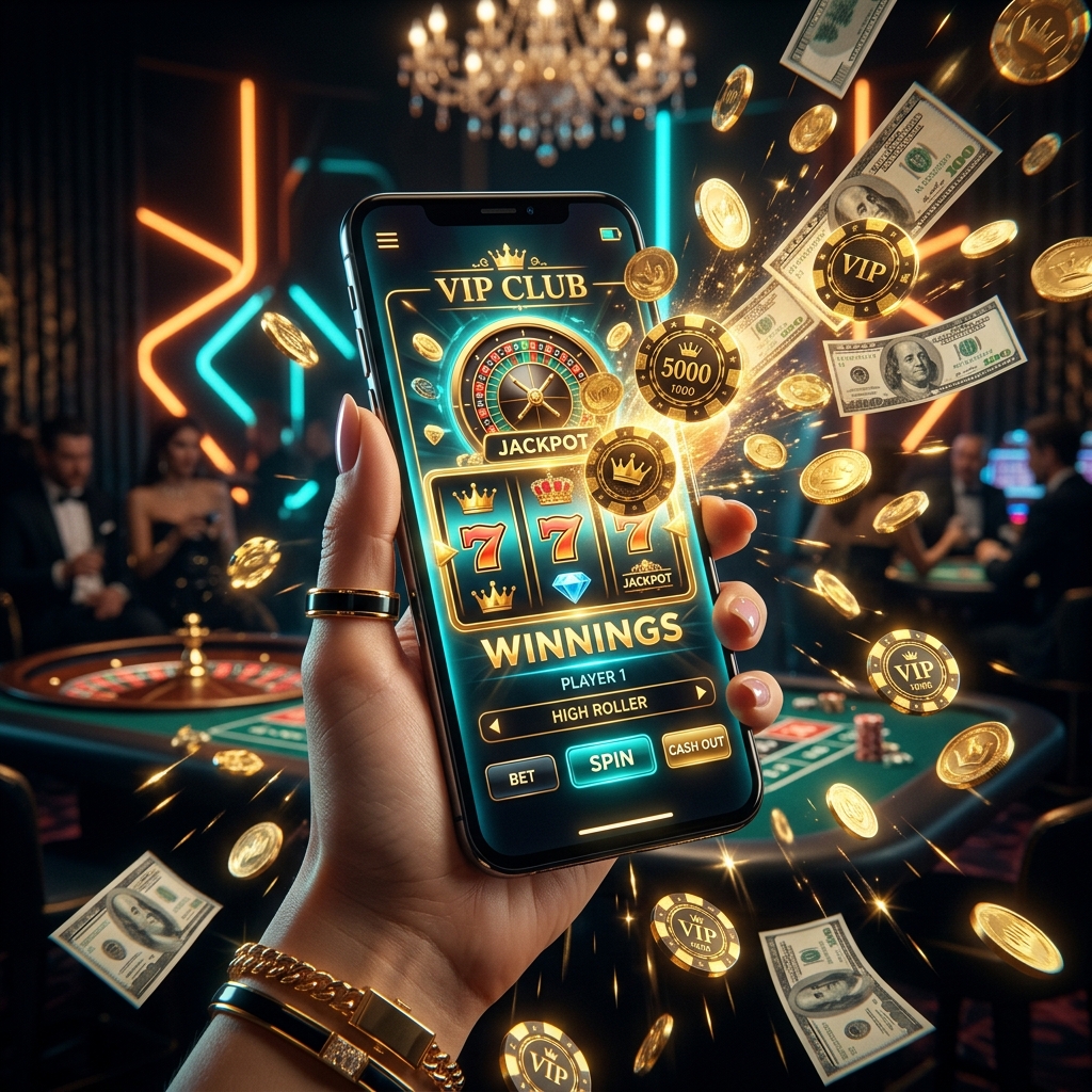 Màn hình điện thoại cài cực nét app sòng bài mm88 nhả vàng bay tung tóe ra khỏi màn hình trong ánh sáng neon xanh cam tài lộc